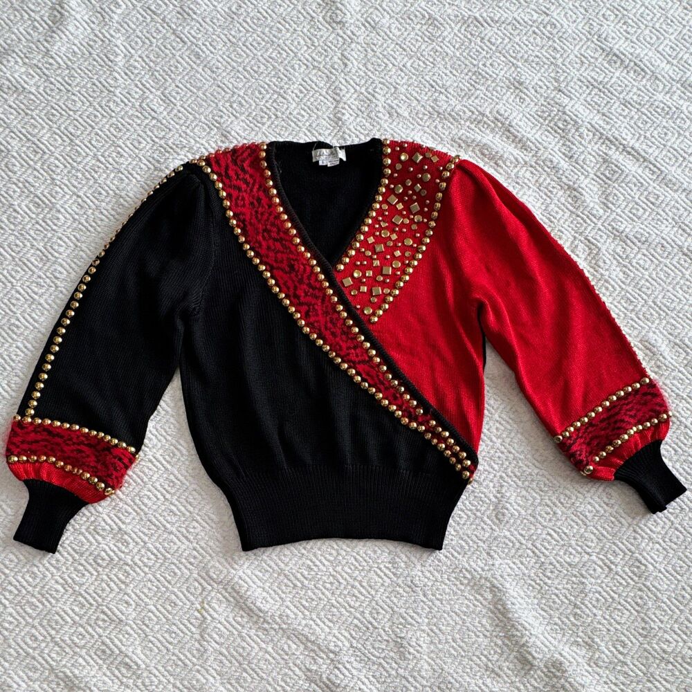 VTG 80s Antonella Preve  New York Black/Red Studded V-Neck Sweater Sz L